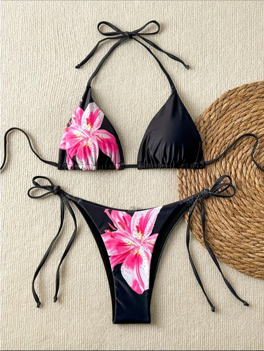 Black & Pink, Floral Lily, Bikini Set - Picture 1 of 8